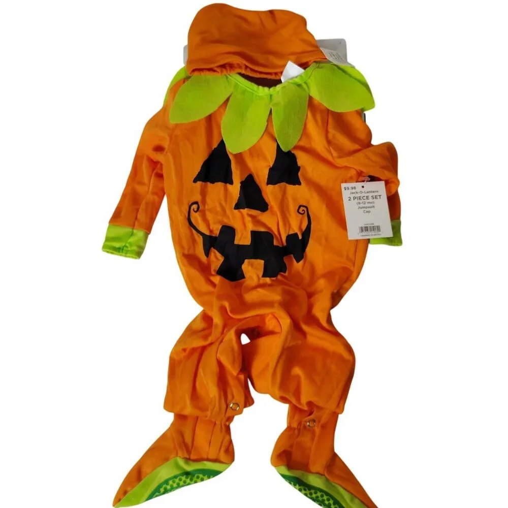 Infant 6-12 Months Pumpkin Jack-O-Lantern Jumpsuit and Cap Halloween Costume